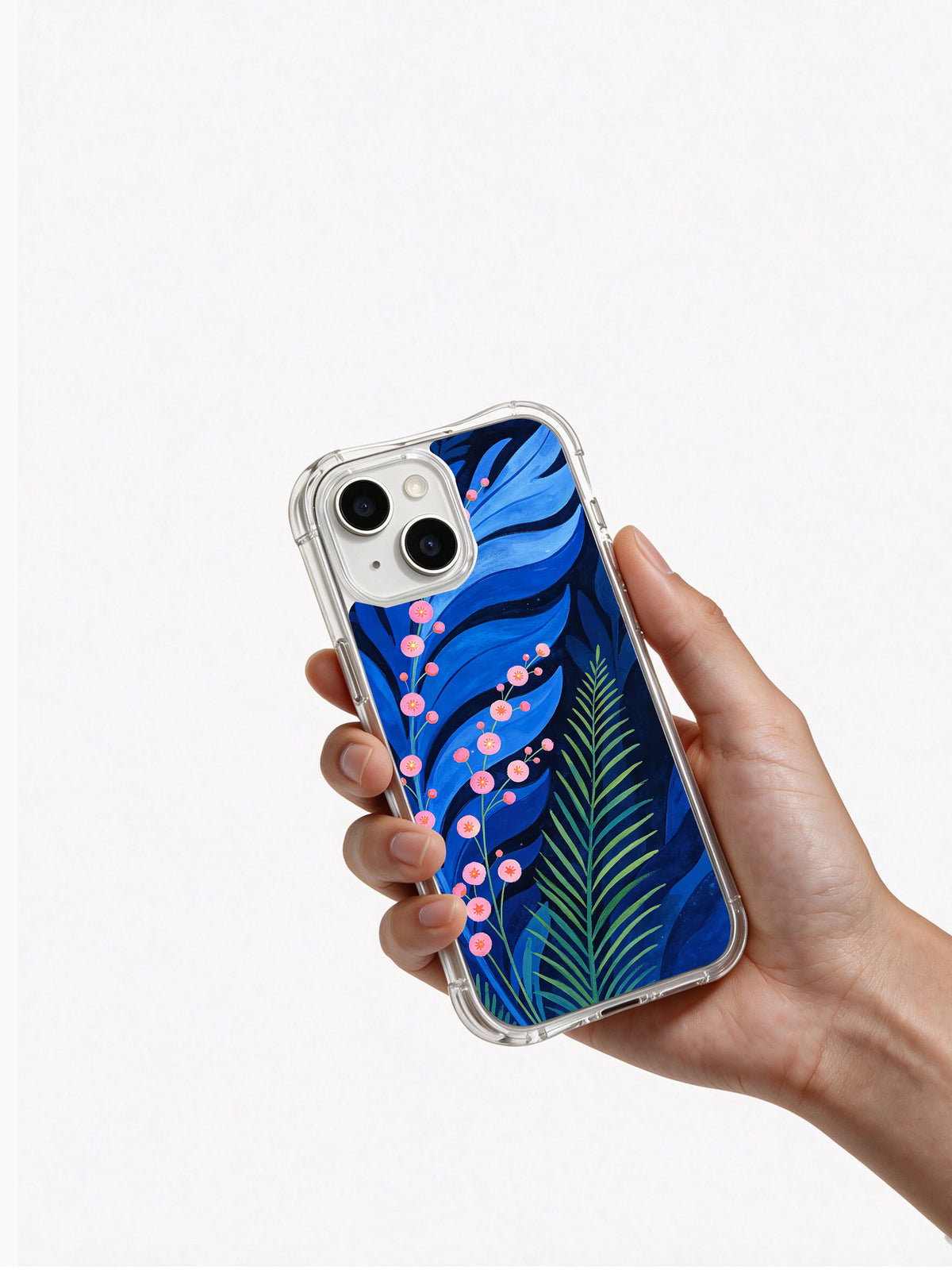 Secret Blue Forest iPhone 14 case in hand