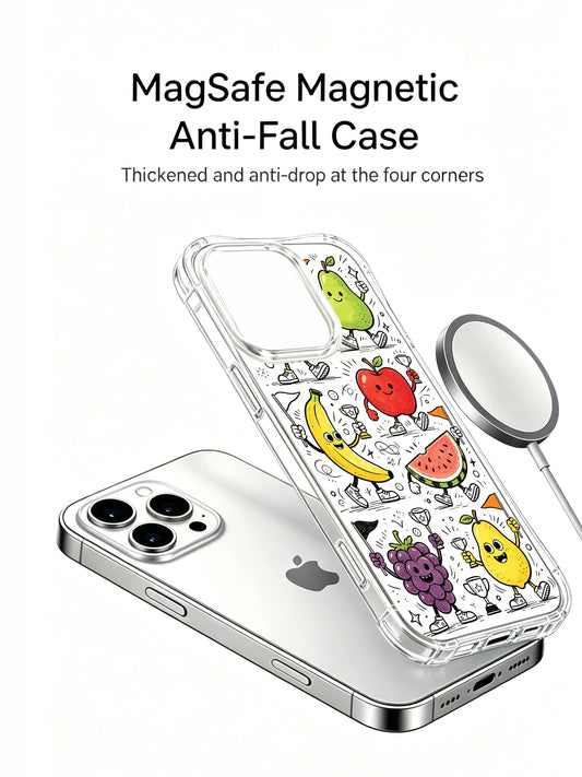 Whimsical athletic banana & apple character crowd print iPhone 16 pro Case, limited licensed art phone casing crafted inside PhoneCasing’s California domestic factory, lightweight wearable art phone cover.