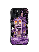 Bat Door Night House: A tall purple house with glowing windows rises above bats, skulls and violet clouds.