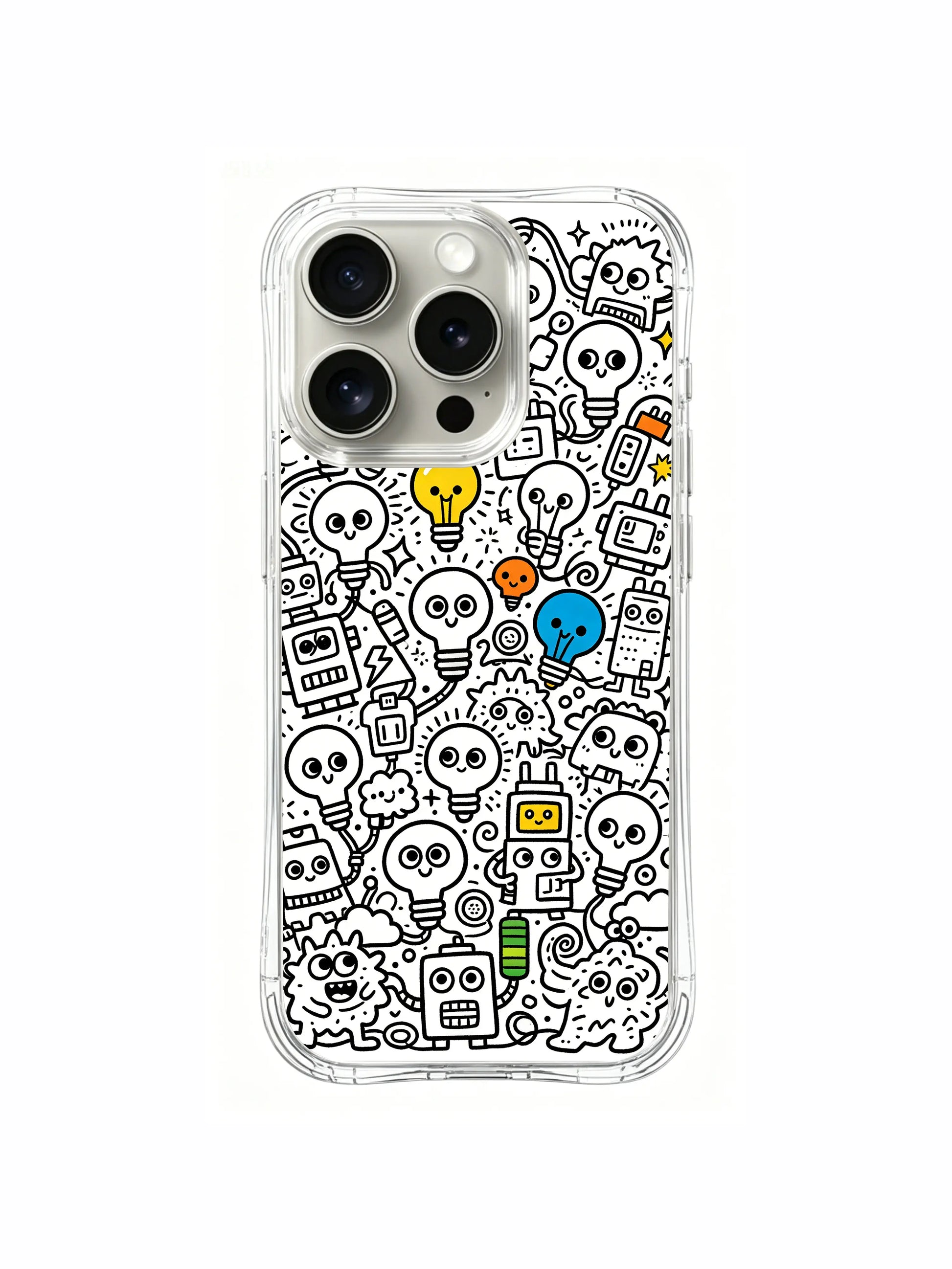 Different battery level bulb character bunch doodle iPhone 15 pro Case, minor-detail modifiable personalized phone casing offered by PhoneCasing, fun daily-use illustrated phone cover.