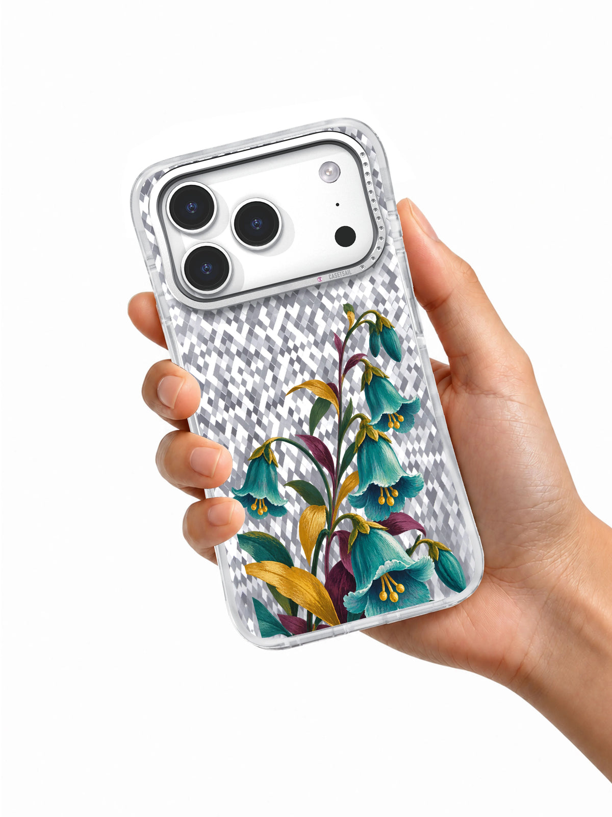 Bells Bow Low transparent iPhone case held in hand