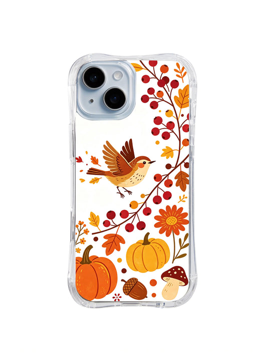Berry Wren Autumn Thanks / Berry Branch Wren: One warm brown wren beside a sweeping red berry branch, with two pumpkins, orange flowers, leaves and a spotted mushroom below.