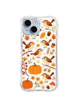 Berry Wren Autumn Thanks / Wren Pumpkin Scatter: Small brown wrens perched and standing among pumpkins, little yellow flowers, acorns, berry sprigs and autumn leaves.