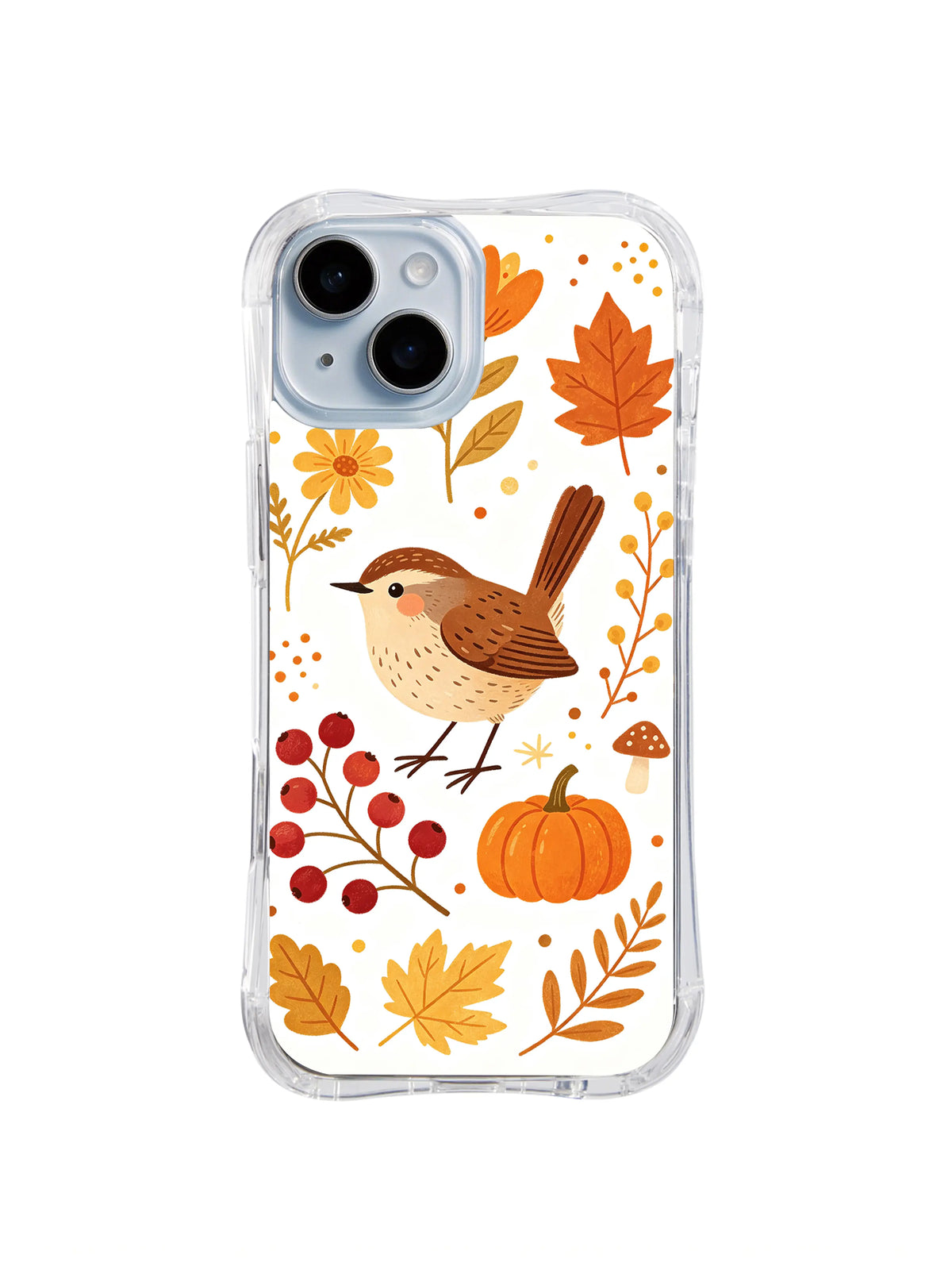 Berry Wren Autumn Thanks / Maple Wren Harvest: One large brown wren with a raised tail, surrounded by broad golden leaves, a pumpkin, berries and small flowers.