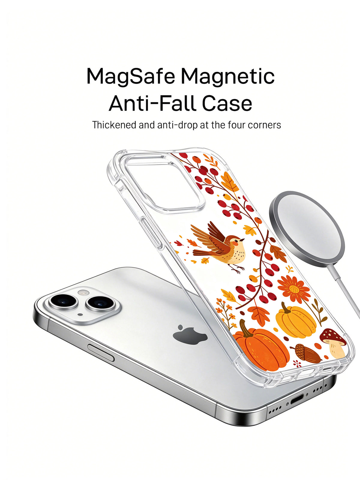 Berry Wren Autumn Thanks: Phone and separate illustrated case beside a round accessory.