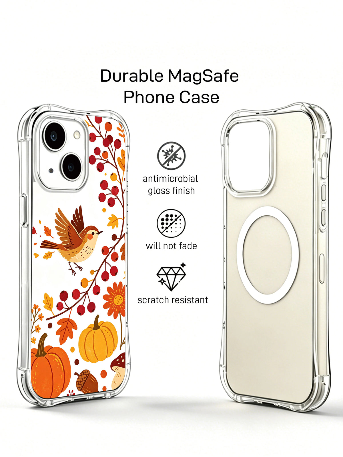 Berry Wren Autumn Thanks: Illustrated case beside a plain rear phone view.
