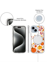 Berry Wren Autumn Thanks: Front phone, illustrated rear case, round accessory and a magnified edge detail in a promotional panel.
