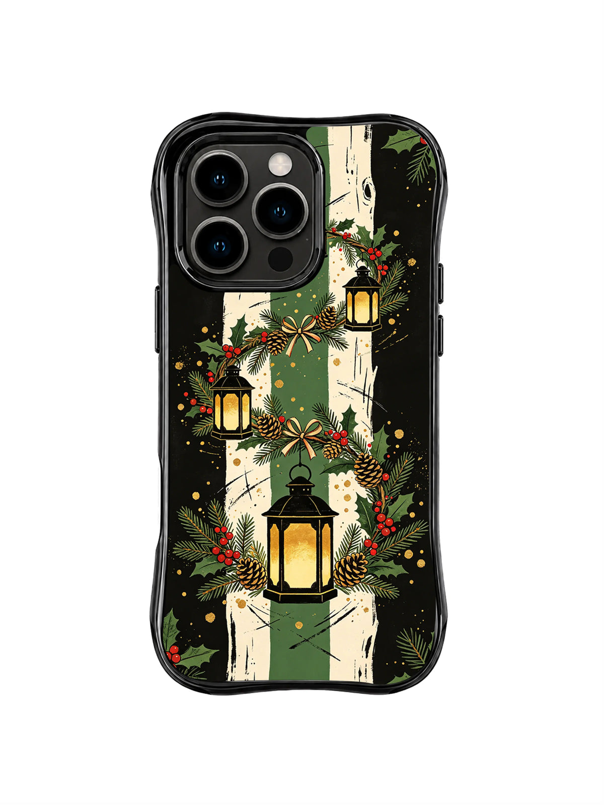 Birchlight Lantern Trail pattern on a black iPhone 14 Pro case with ivory birch trunks, hanging gold lanterns, holly leaves, red berries and deep green brushwork