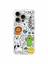 Bird, lion and turtle monster zoo cluster artwork on an iPhone 15 Pro case