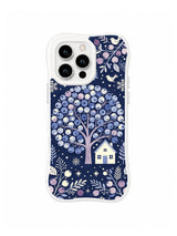 Birdsong Berry Tree iPhone 13 Pro case with stylized birds, berries and a small orchard cottage