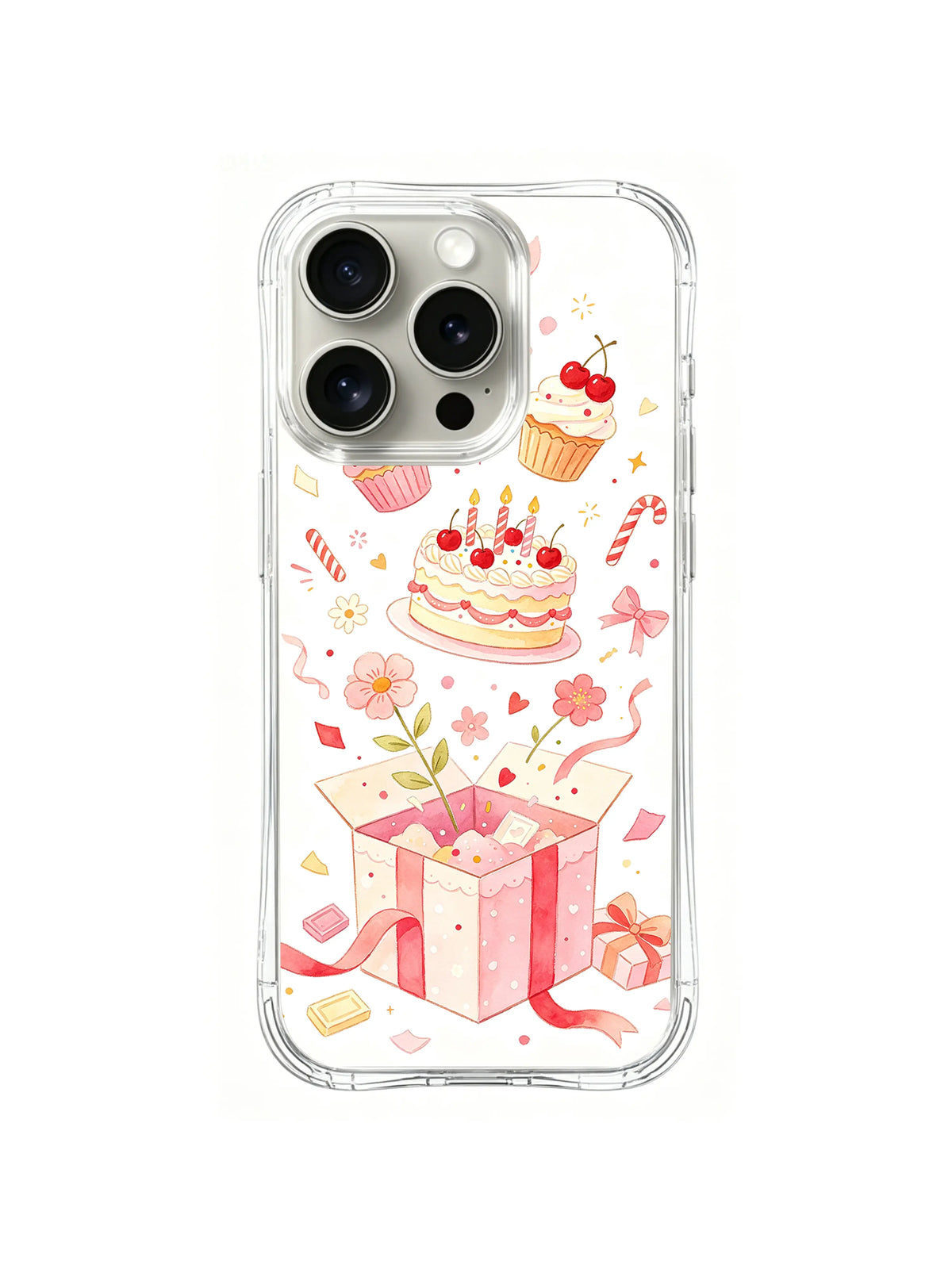 Birthday Celebration Wonderland / Birthday Surprise Box: Çiçek ve kurdeleleri mumlu pastaya ve kapkeklere doğru yükselen açık pembe hediye kutusu.