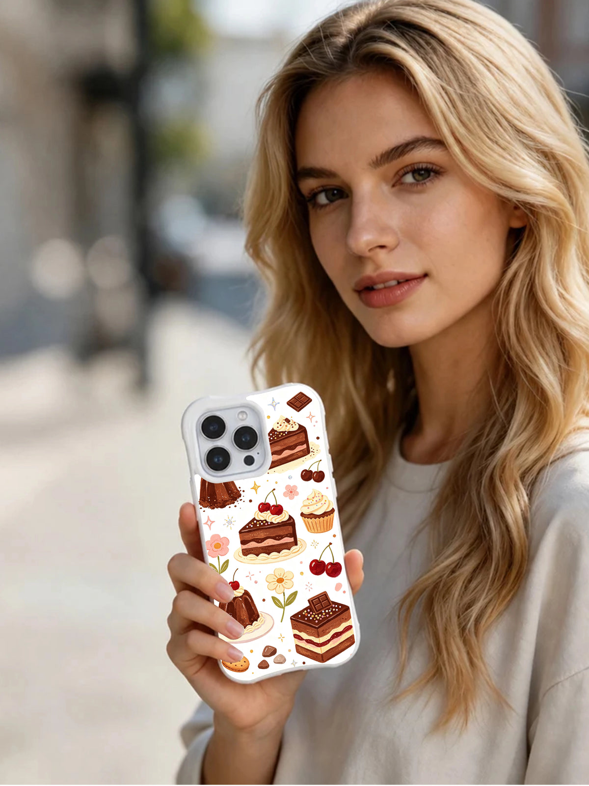 Birthday Chocolate Dream Bakery: Person holding the illustrated case in an outdoor portrait.