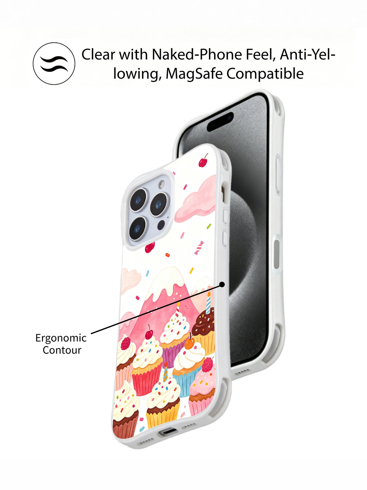 Birthday Cupcake Wonderland: Overlapping front phone view and illustrated rear case view.