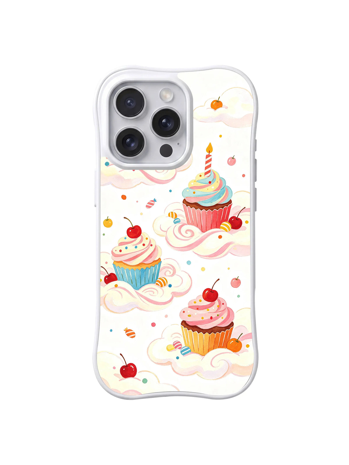 Birthday Cupcake Wonderland / Cupcake Cloud Wishes: Separate cupcakes resting on soft cloud shapes, including one with a striped birthday candle.