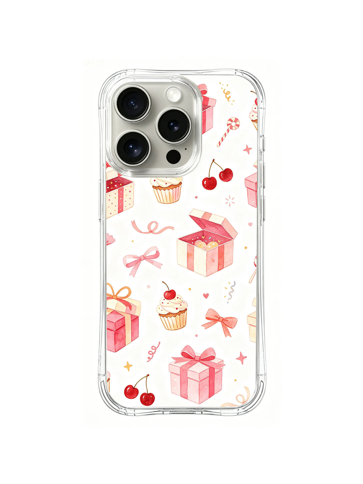 Birthday Gift Box Wonderland / Cherry Gift Confetti: Cupcake’ler, kirazlar ve kurdele kıvrımlarıyla dağınık küçük pembe paketli ve açık hediyeler.
