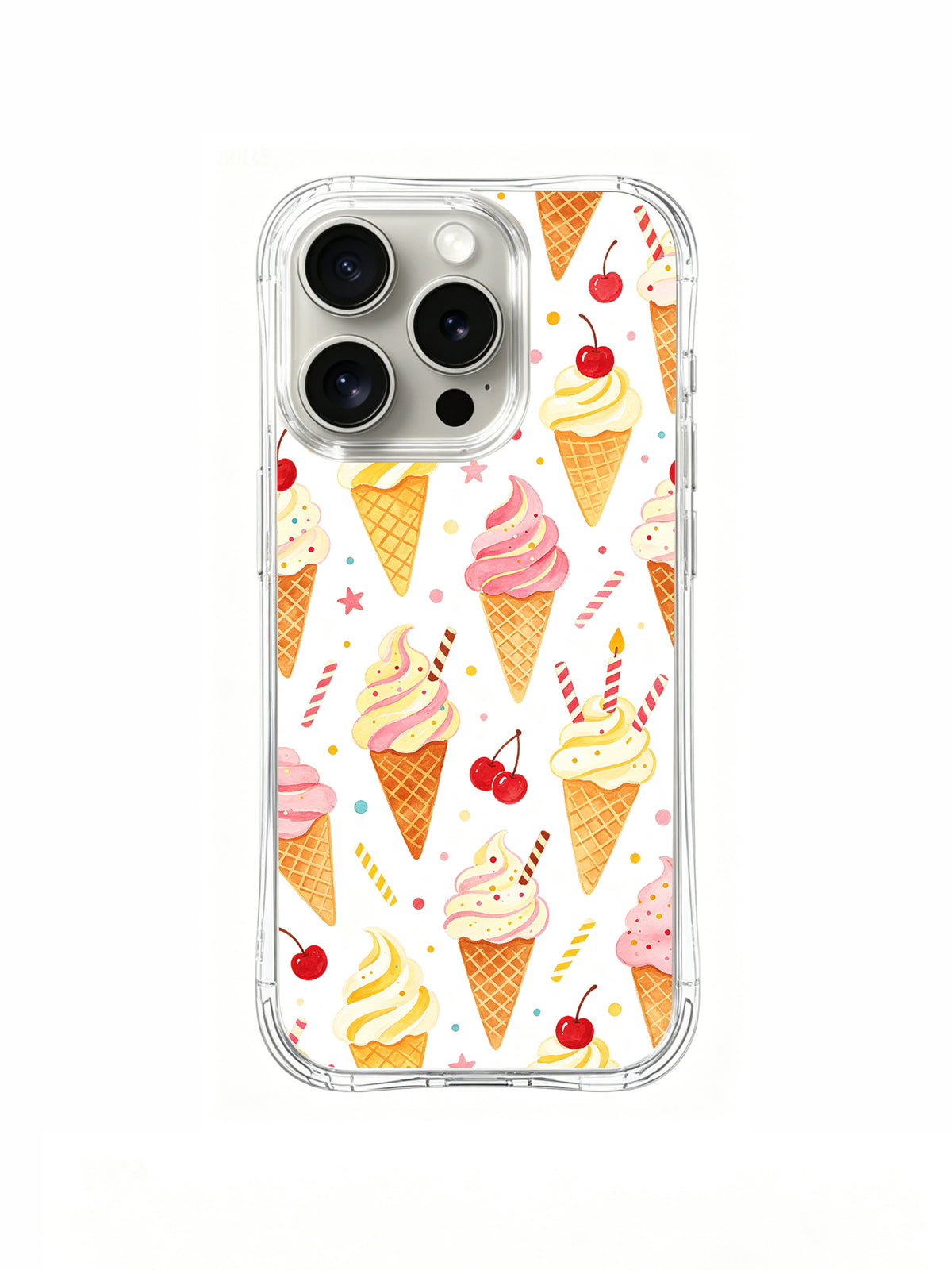 Birthday Ice Cream Fantasy: Kırmızı kirazlar, çizgili çubuklar ve ince konfetilerle tekrarlanan küçük pembe ve krem dondurma külahları.