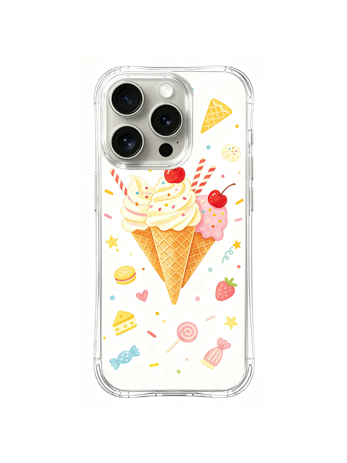 Birthday Ice Cream Fantasy / Triple Scoop Candy Party: Pembe ve krem dondurma, kırmızı kiraz, çizgili çubuk ve küçük dağınık şekerlerle gruplanmış üç külah.