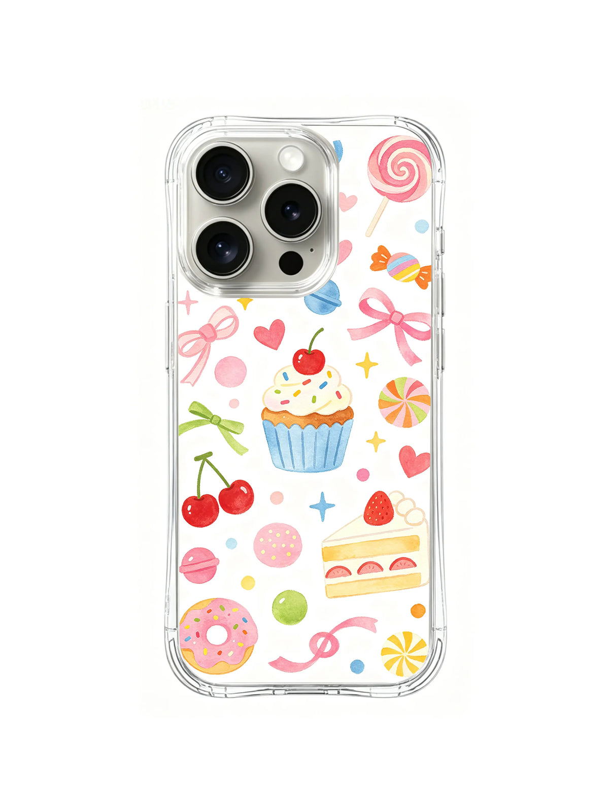 Birthday Lucky Candy Collection / Lucky Candy Cupcake: Large cream-and-cherry cupcake in a blue wrapper with a strawberry cake slice, doughnut, lollipops, bows and candies.