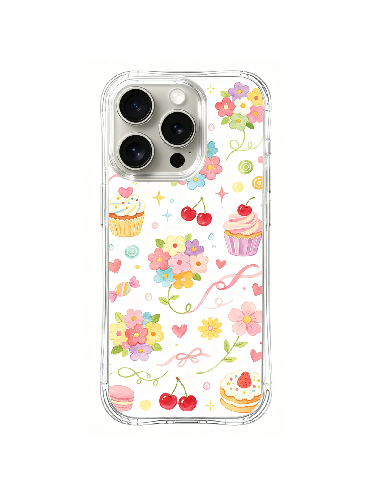 Birthday Lucky Candy Collection / Lucky Flower Candy Garden: Pink, yellow and purple flower clusters among small cupcakes, cherries, pastel candies and thin curling ribbons.