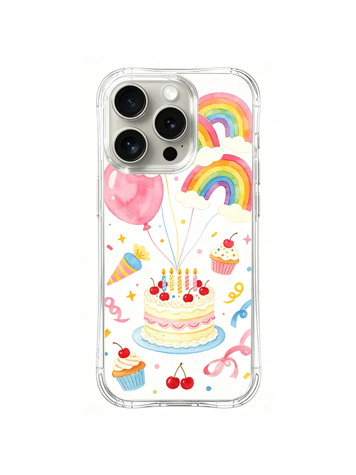 Birthday Rainbow Candy Celebration / Rainbow Balloon Birthday Cake: A candle cake below a large pink balloon and rainbow-shaped balloons, with small cupcakes and party ribbons.