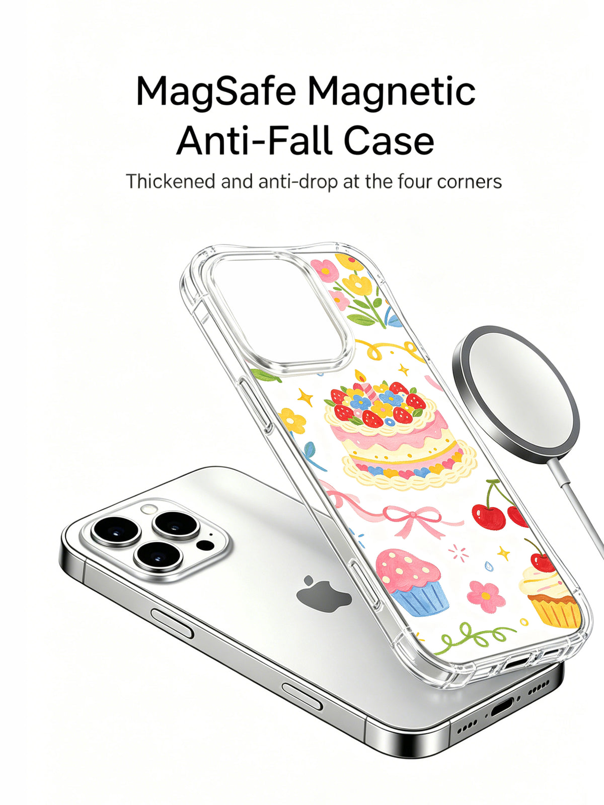 Birthday Rainbow Candy Celebration: Phone, separate illustrated case and round accessory arranged together.