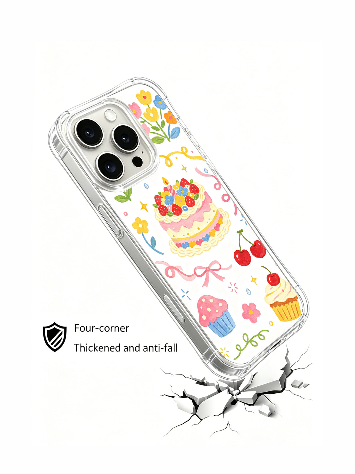 Birthday Rainbow Candy Celebration: Angled illustrated case above a drawn cracked surface.
