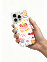 Birthday Rainbow Candy Celebration: Hand holding the case with its illustrated back facing outward.