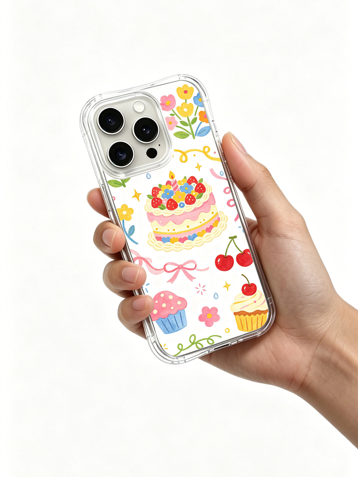 Birthday Rainbow Candy Celebration: Hand holding the case with its illustrated back facing outward.