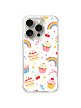 Birthday Rainbow Candy Celebration / Rainbow Cake Confetti: Small rainbow arches, cakes, cupcakes, cherries and confetti repeated with generous gaps on a pale field.