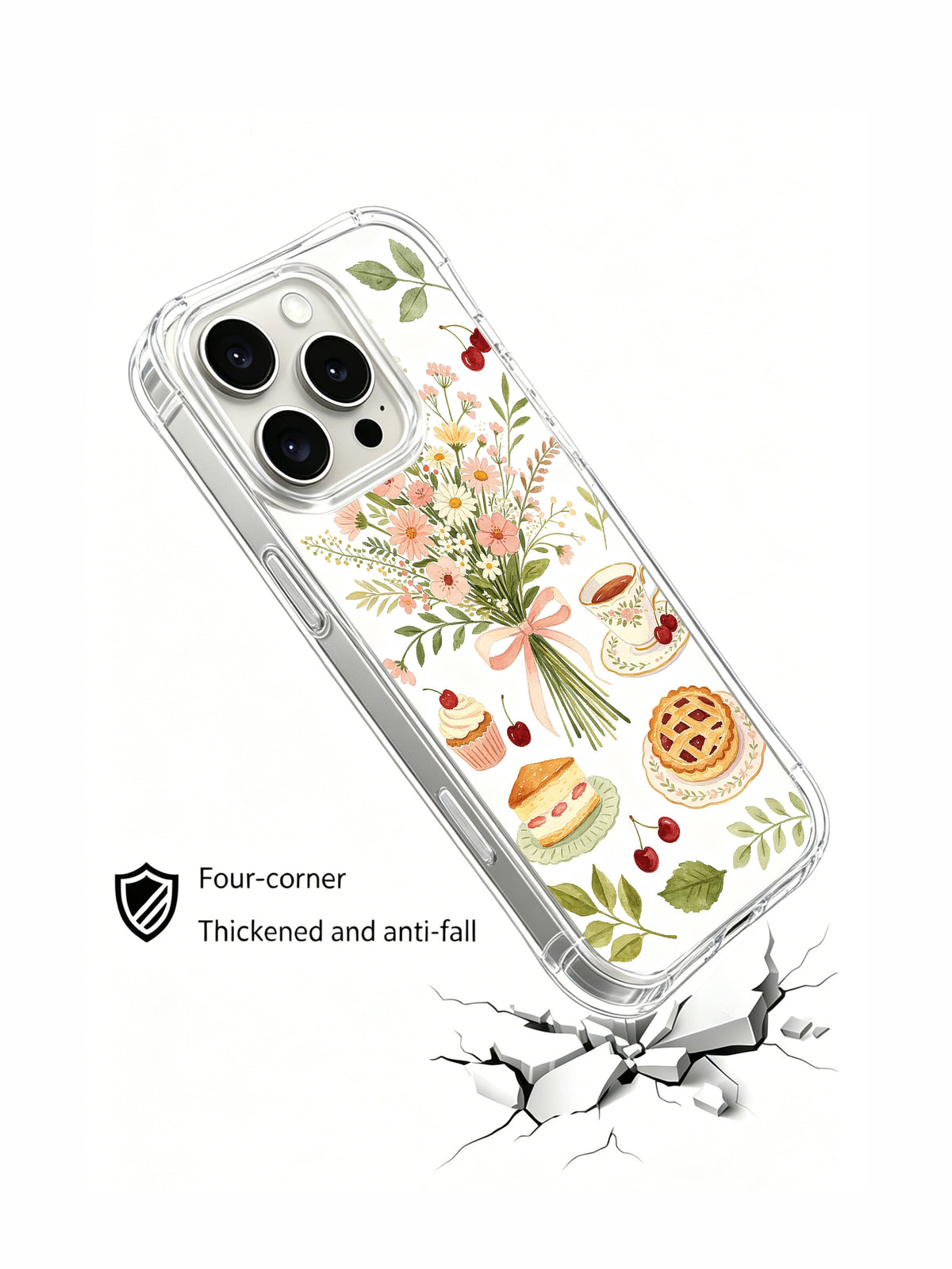 Birthday Tea Party Garden: Angled illustrated case above a drawn cracked surface.