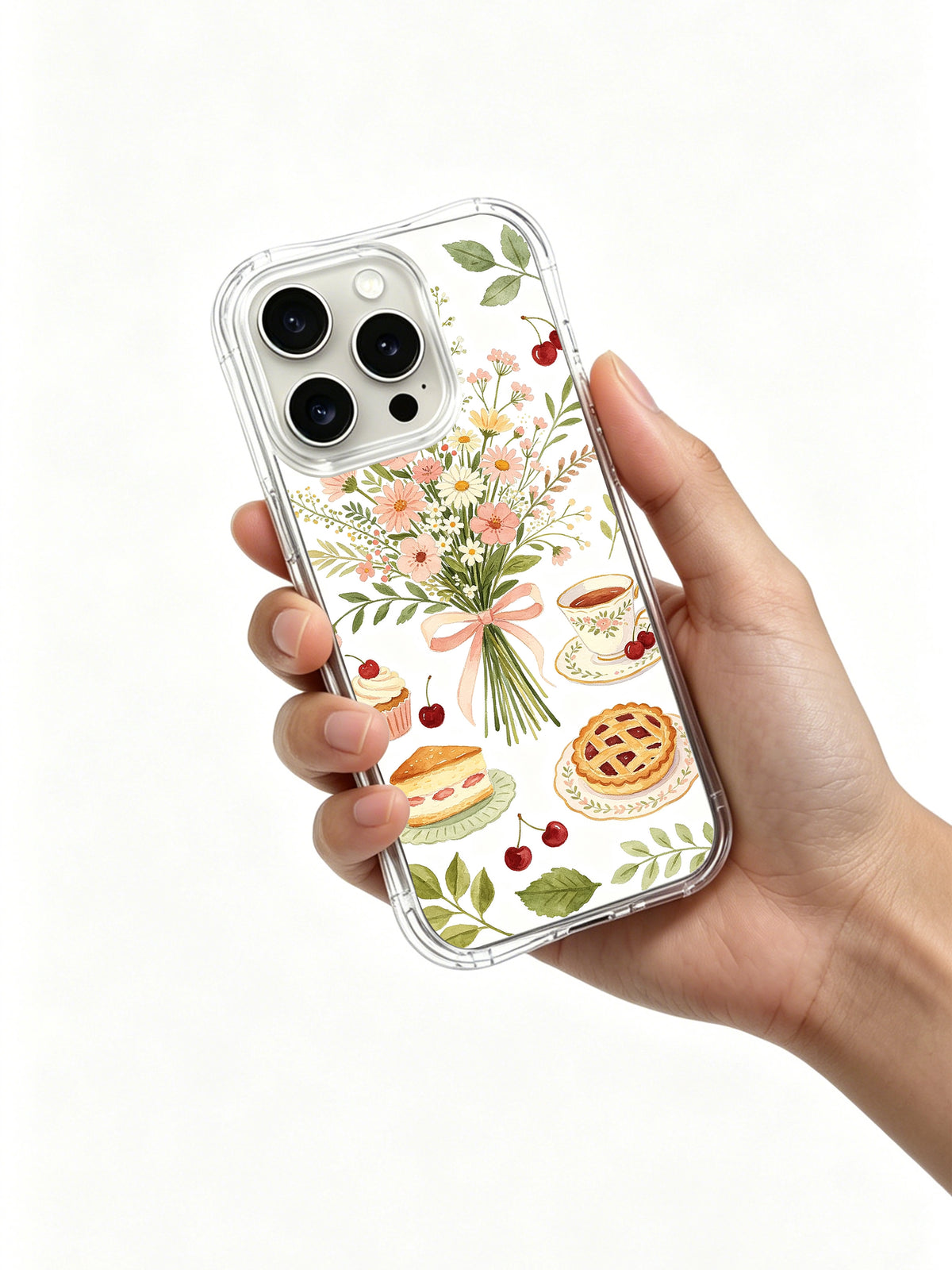 Birthday Tea Party Garden: Hand holding the case with its illustrated back facing outward.