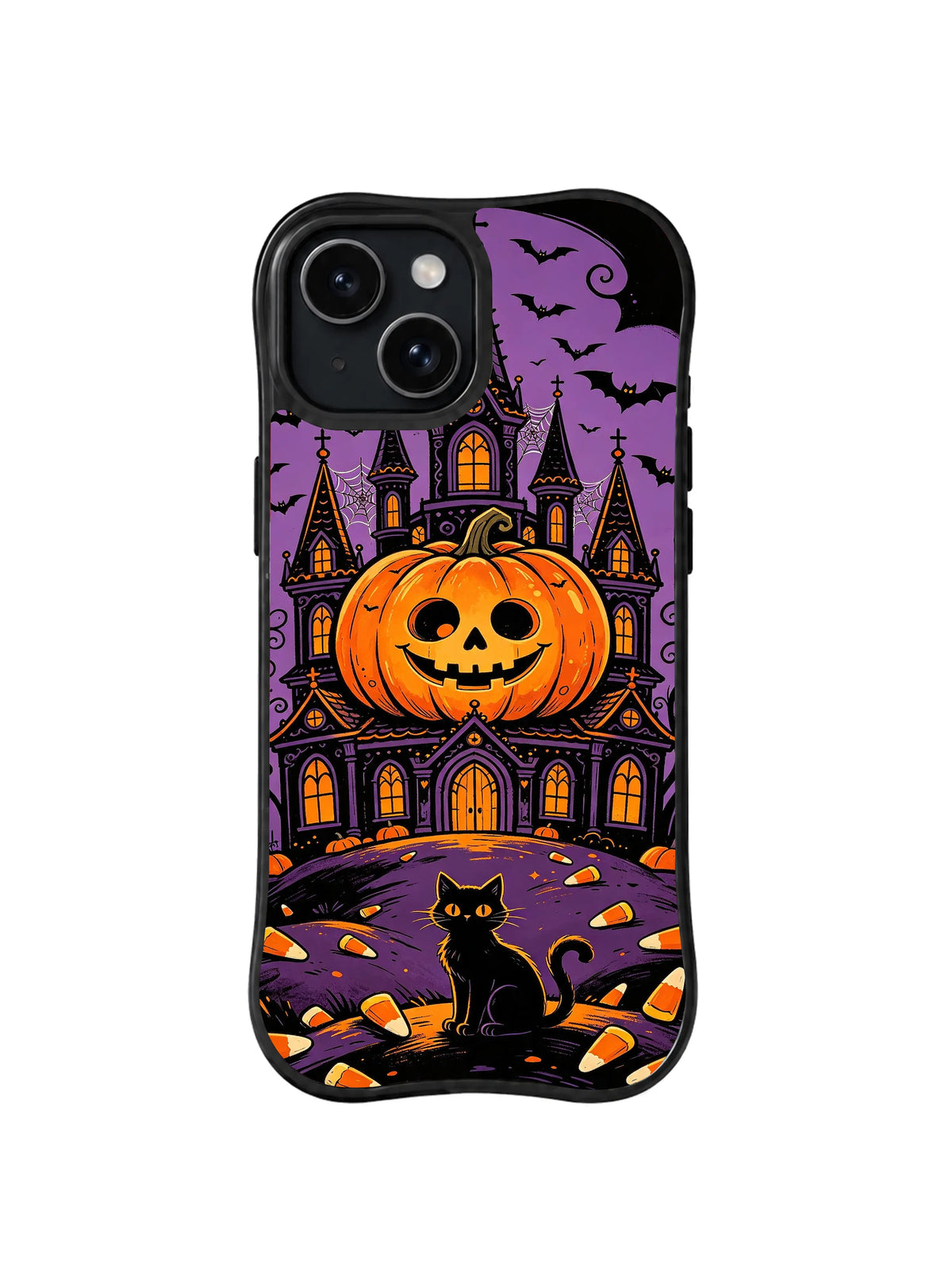 Black Cat Bell Cathedral: A black cat sits before an orange-windowed cathedral topped by a grinning pumpkin.