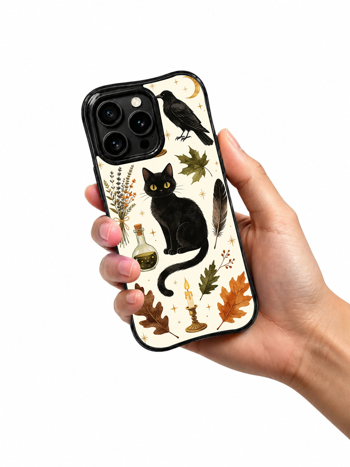 Black Cat Herb Library iPhone 14 Pro case held in hand