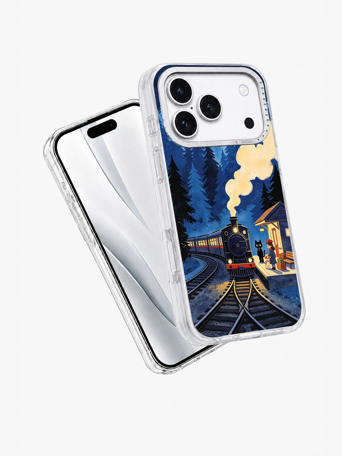 Angled view of Black Cat Midnight Railway iPhone case