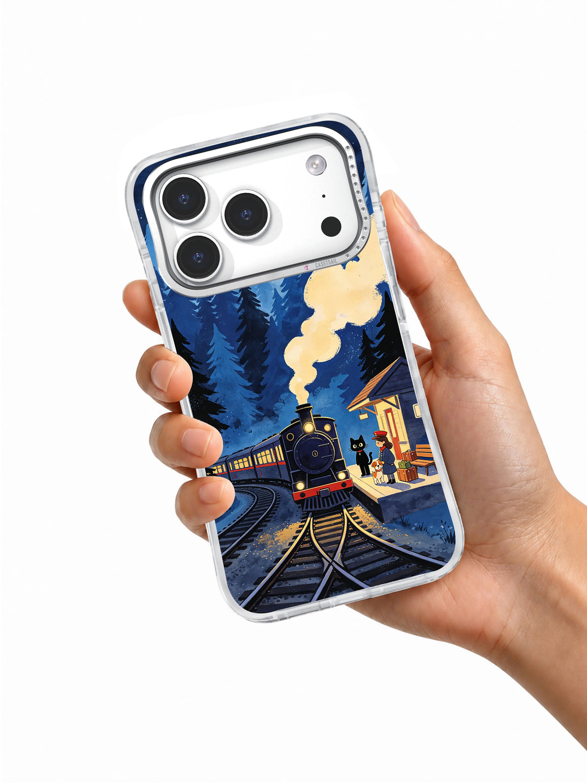 Black Cat Midnight Railway iPhone case held in hand