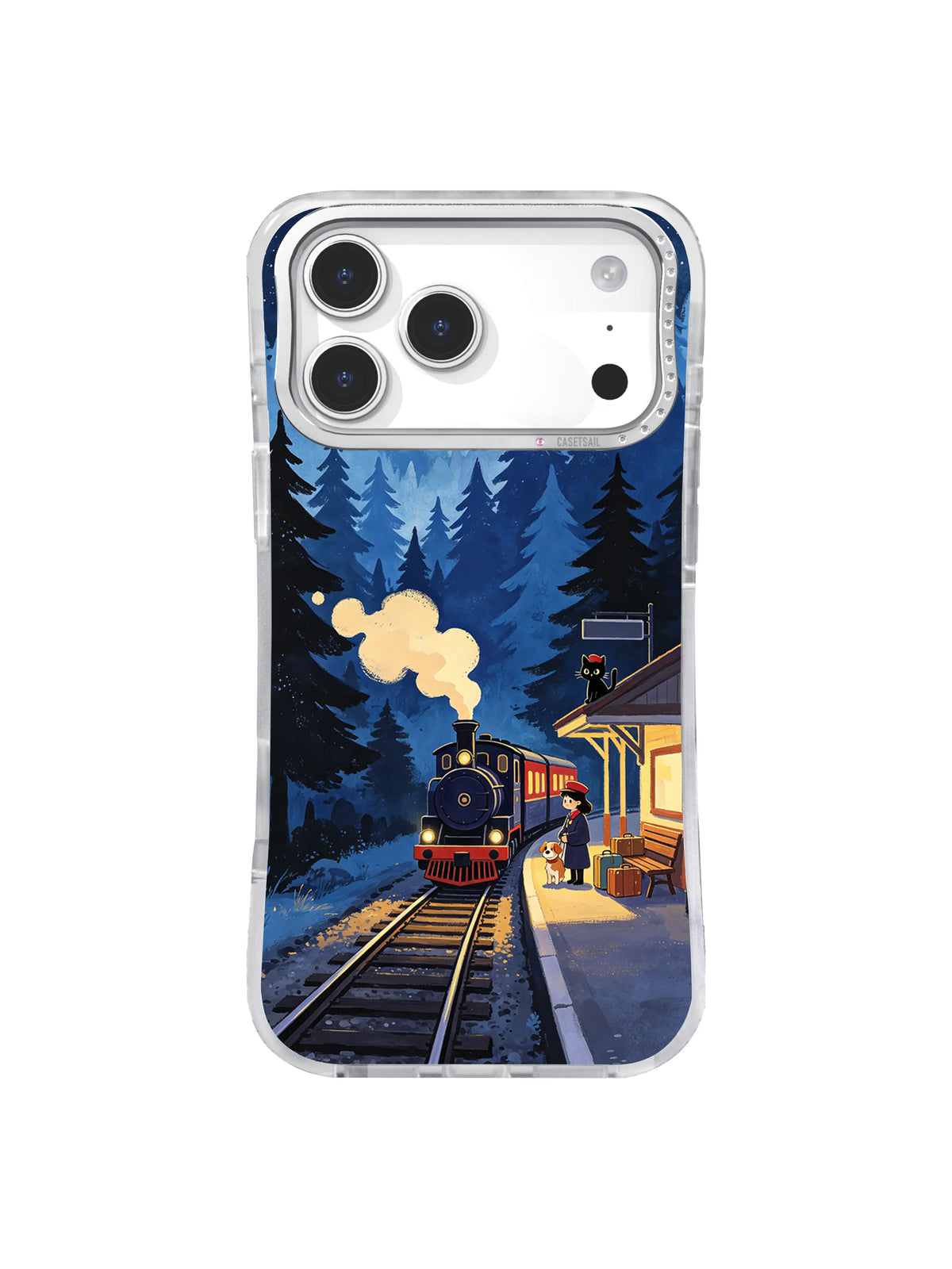 Black Cat Midnight Railway Pinebound Express artwork on iPhone case