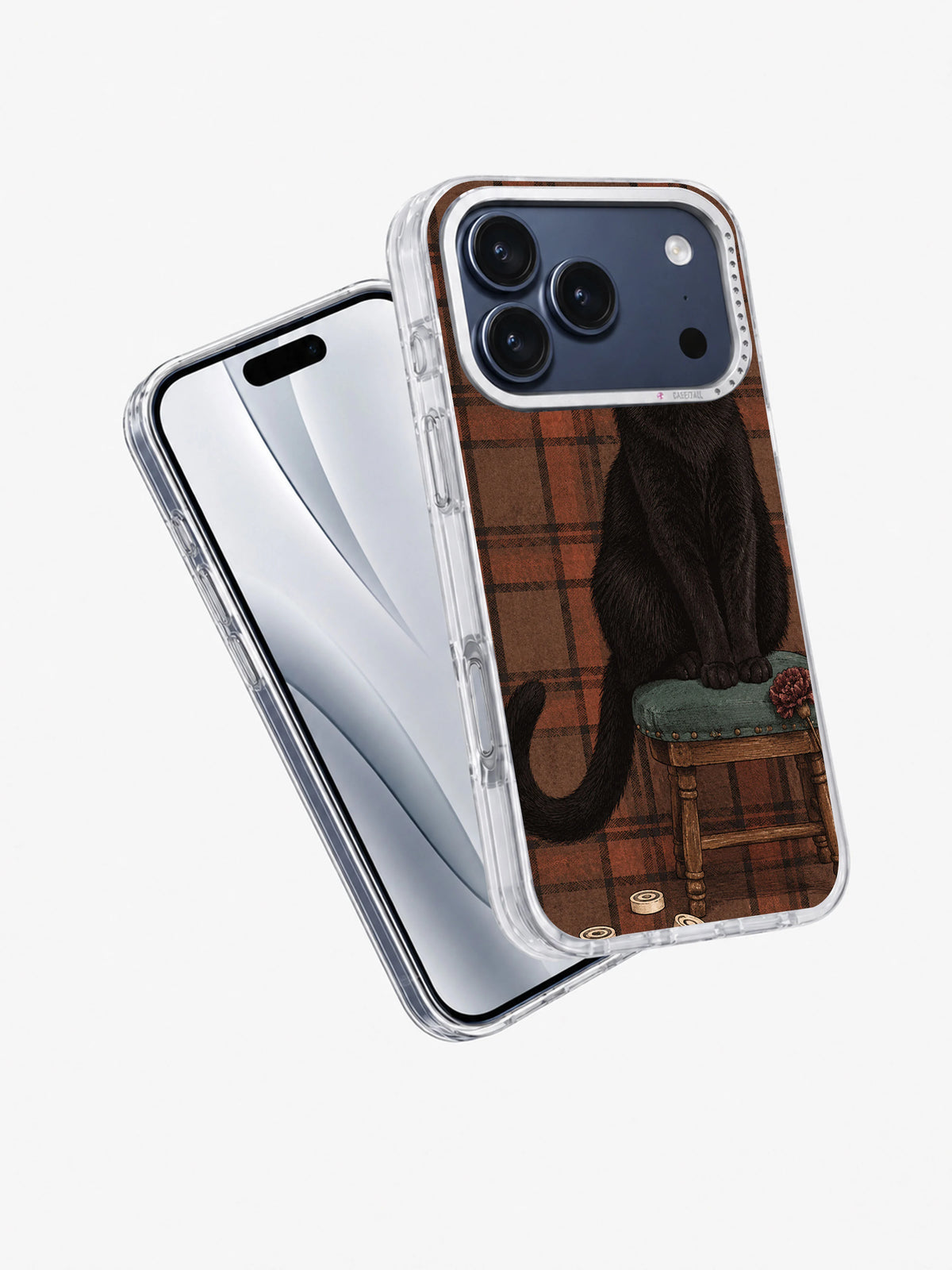 Angled front and back views of The Black Cat’s Paper Crown iPhone 17 Pro case