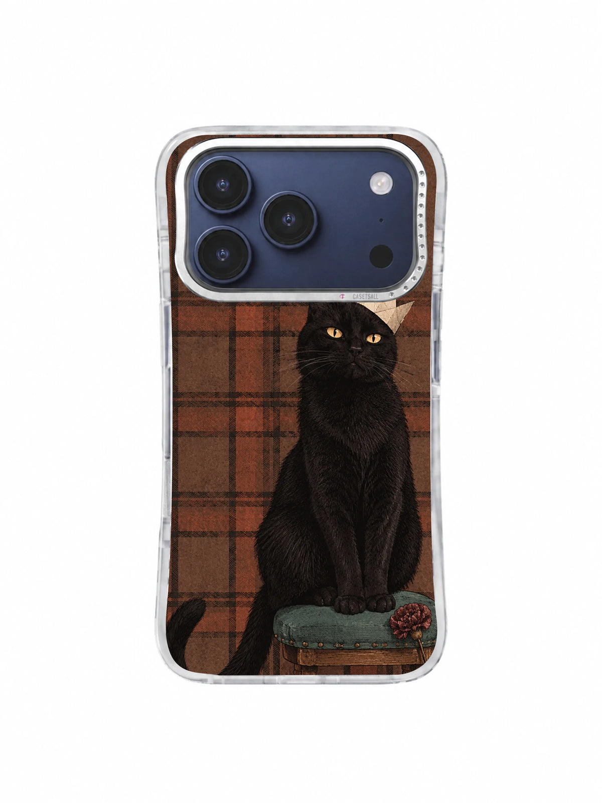 Black cat beside a toppled chess piece and dried red carnation on brown plaid iPhone 17 Pro case artwork