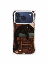 Relaxed black cat on a green stool with chess pieces and dried carnation on plaid phone case art