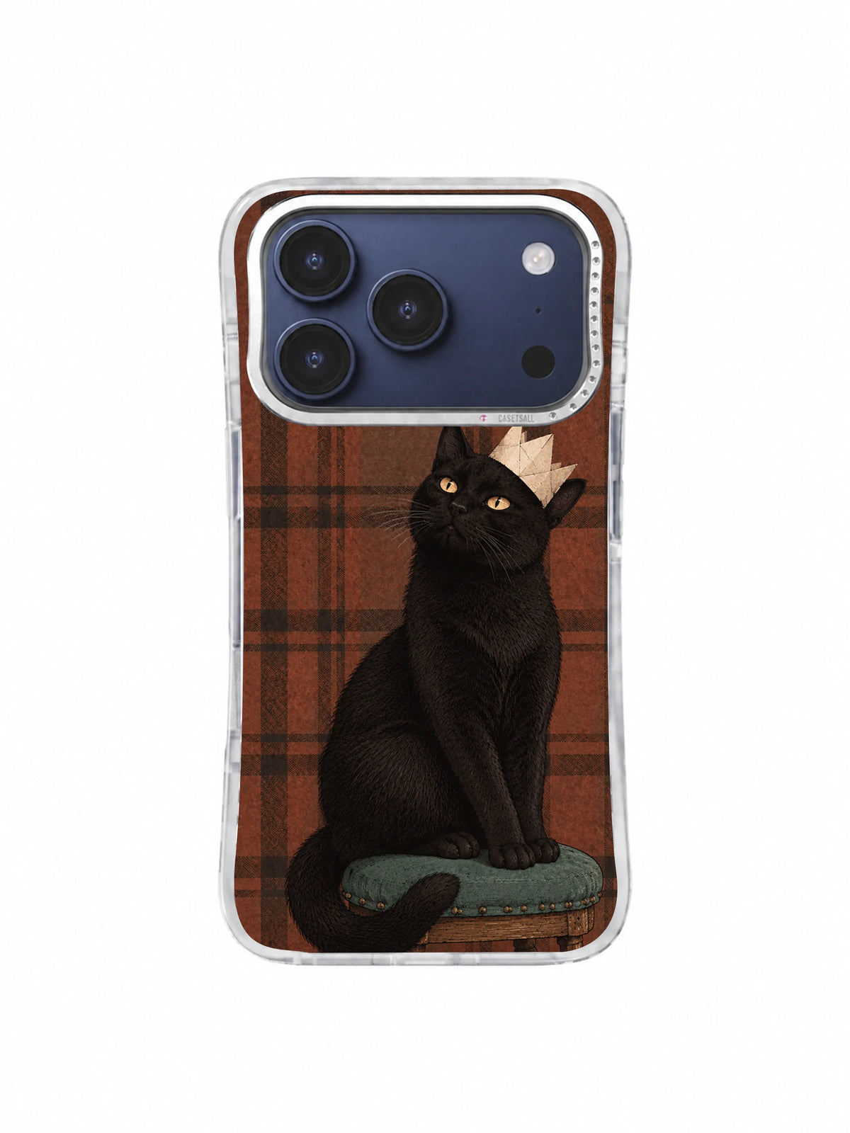 Black cat wearing a crooked paper crown on brown plaid iPhone 17 Pro case artwork