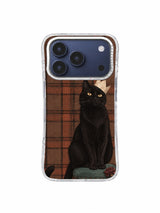 Golden-eyed black cat on a green stool with red carnation and tartan background phone case art