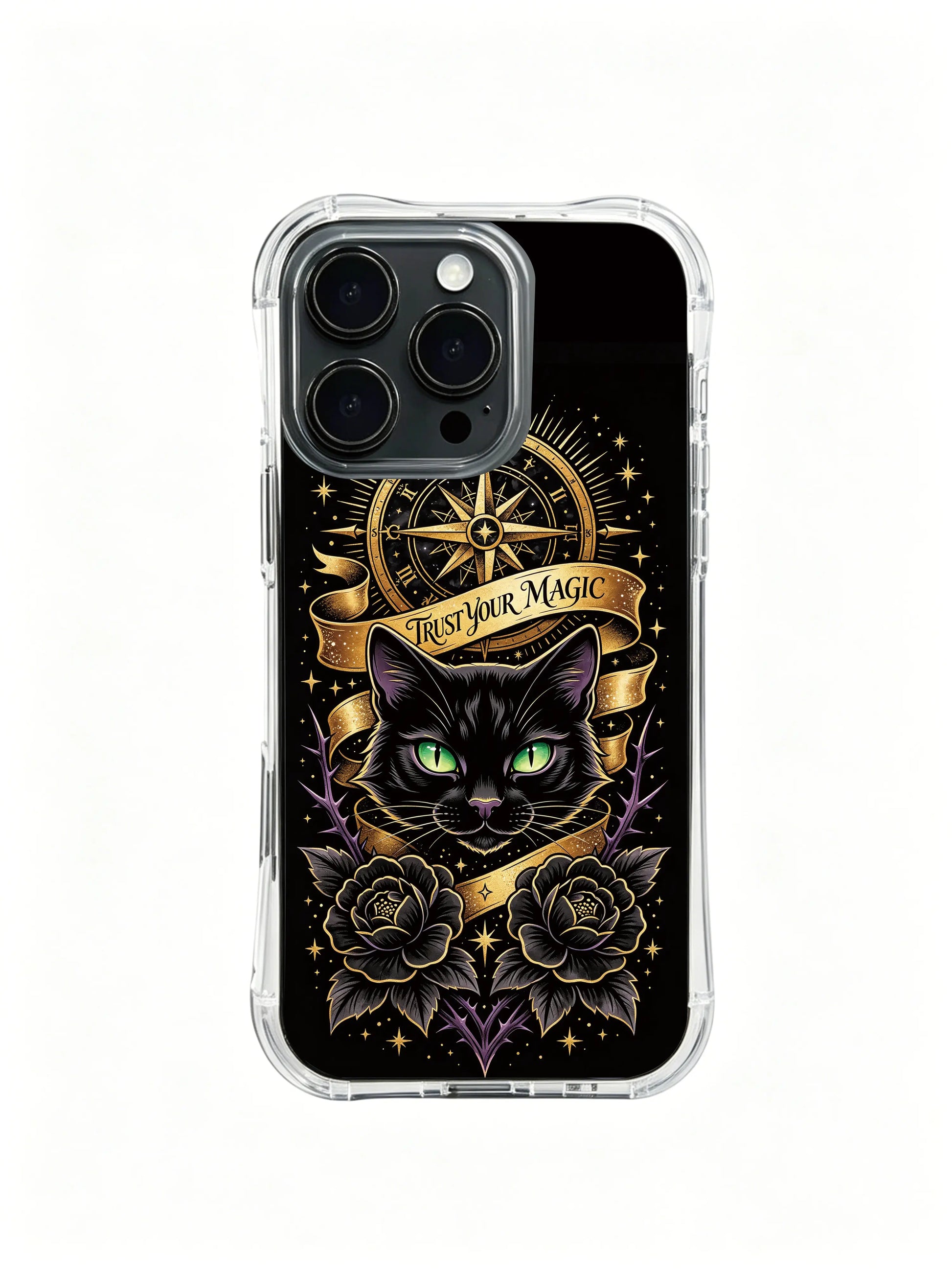 Black dahlia lynx PhoneCasing, slim fit iPhone 14 Plus Case with destiny golden ribbon design, lightweight everyday phone cover.