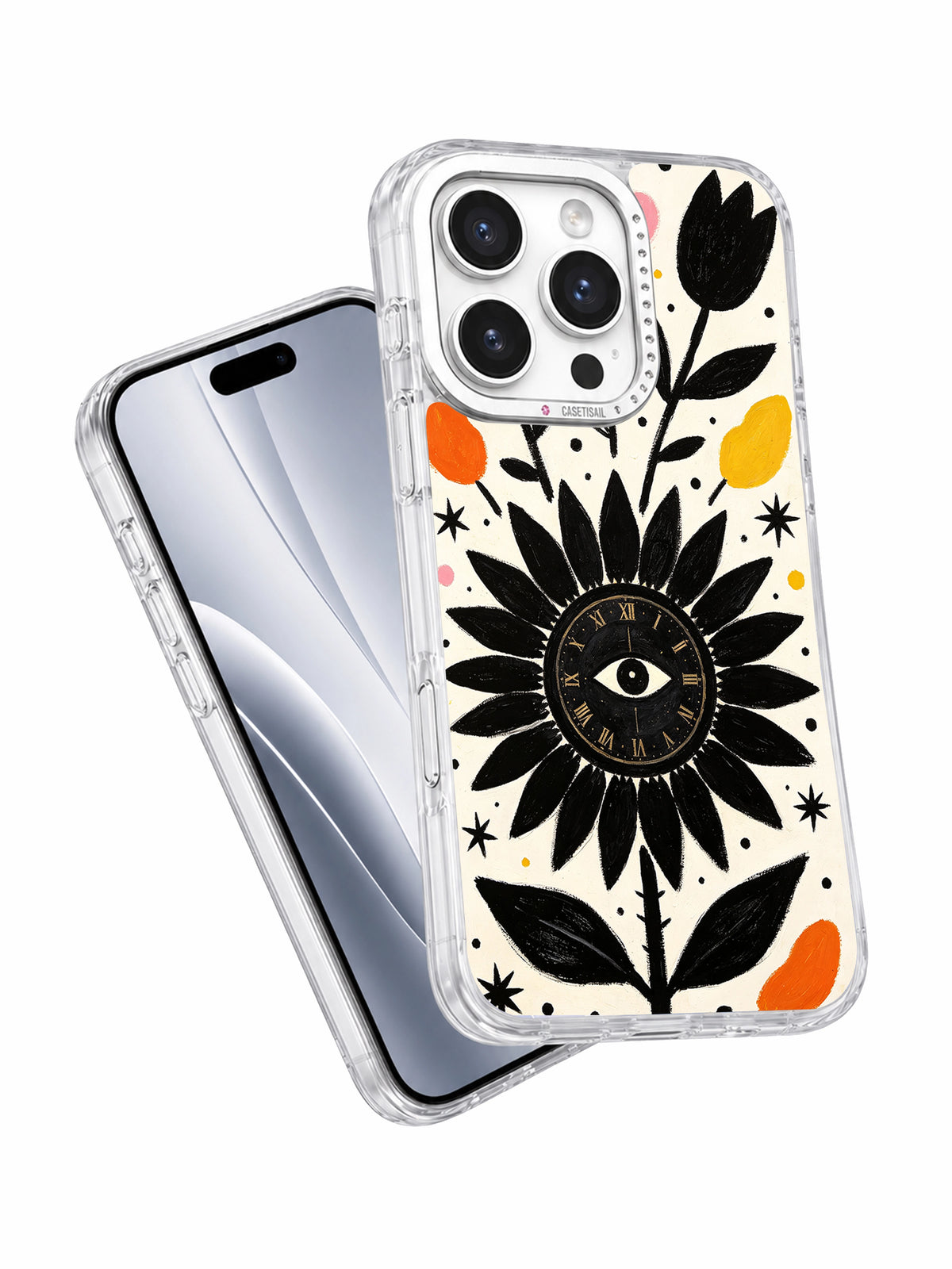 Mystical black floral iPhone case angled view