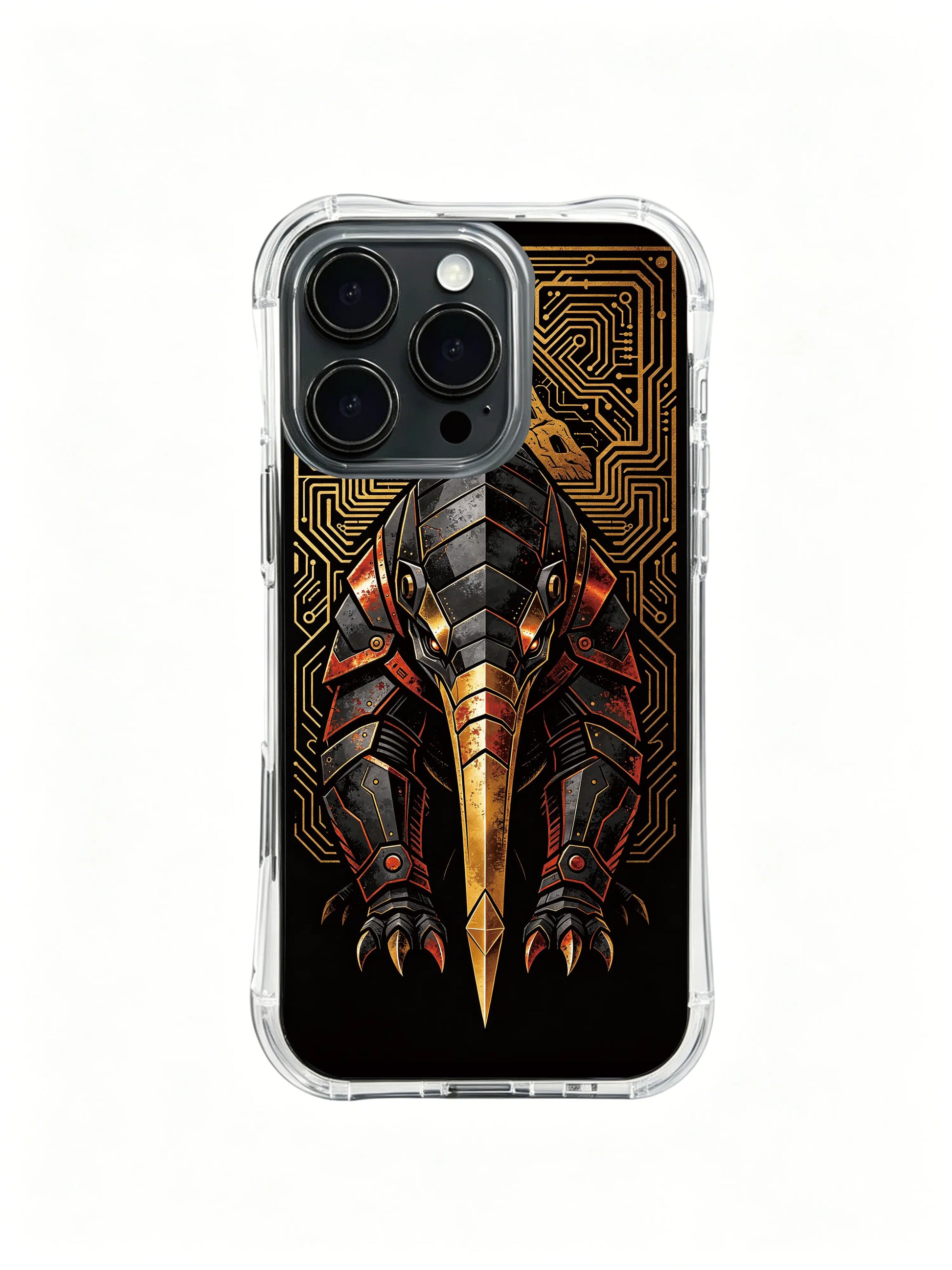 Black gold mechanical anteater PhoneCasing, fade-resistant iPhone 14 Plus Case with tropical totem pattern, stylish phone cover.
