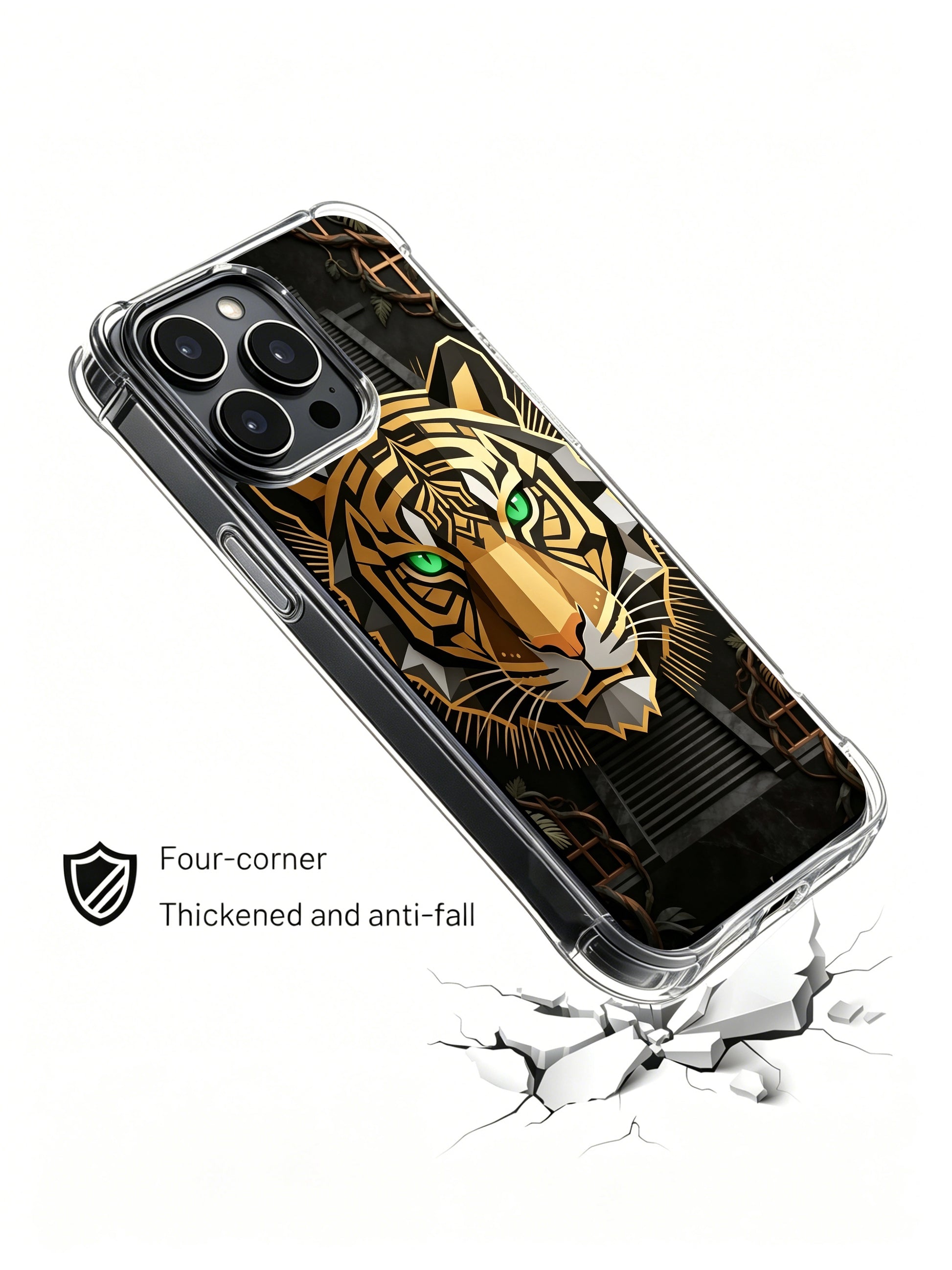 Black gold facet tiger PhoneCasing, premium iPhone 14 Plus Case with shadow totem style, shockproof protective phone casing.
