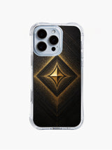 PhoneCasing iPhone 14 Pro Max Case with bold black and gold geometric art, shockproof clear protective cover featuring tribal-inspired stippled details.