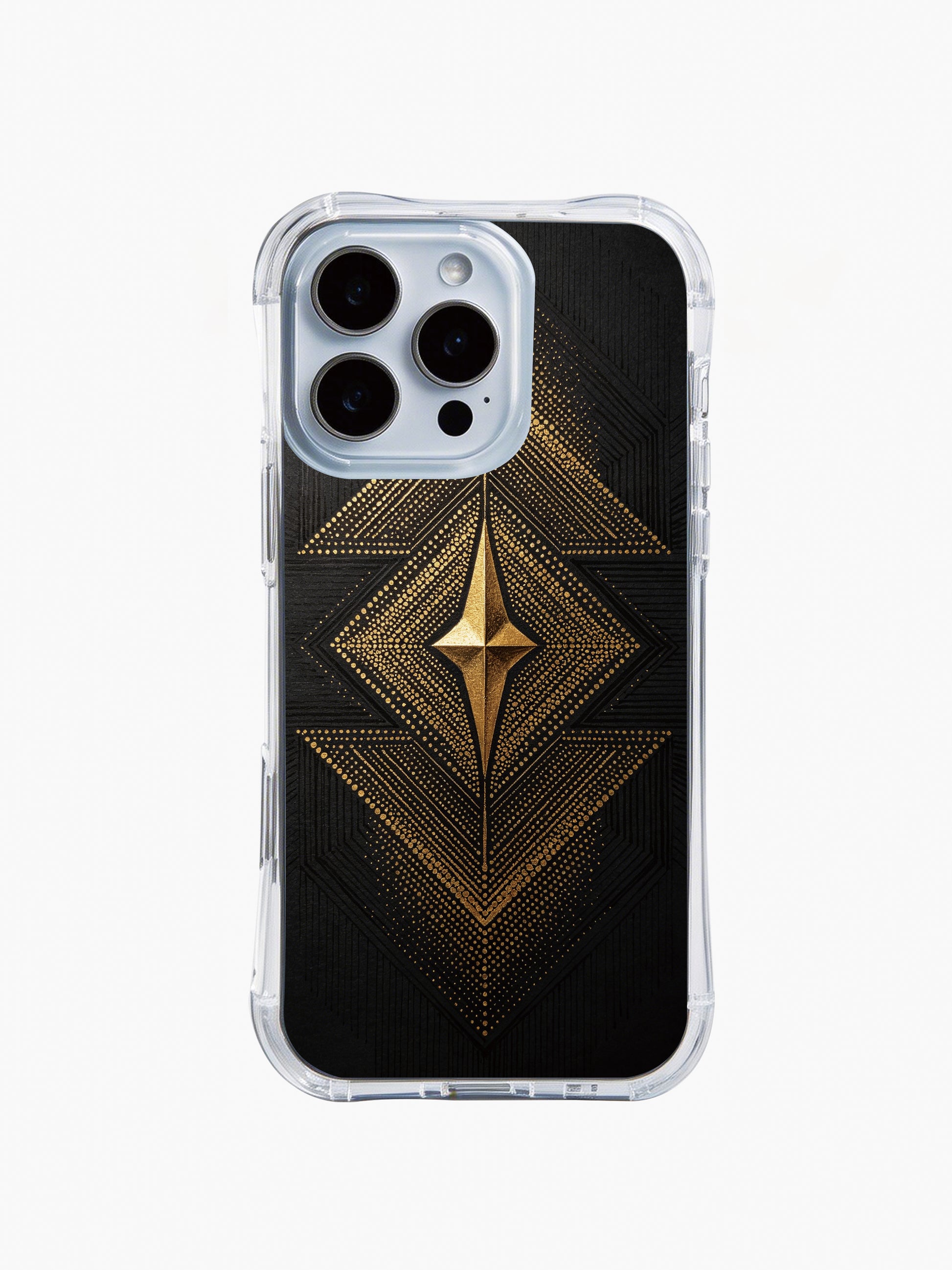  PhoneCasing iPhone 14 Pro Max Case featuring black luxe tribal geometric design, shockproof clear cover with metallic gold accents.