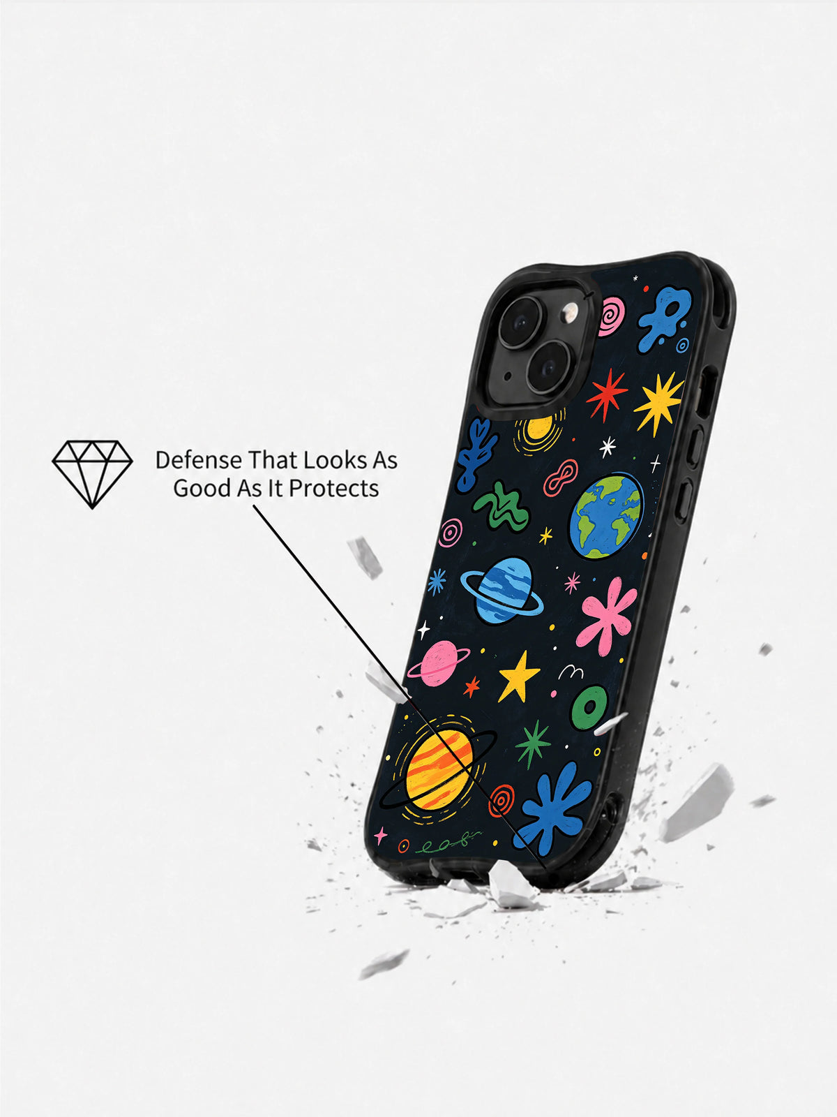 Black Velvet Universe iPhone 14 case protection view