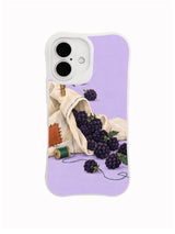 Blackberry gather iPhone case pattern with aubergine berries, cream linen and emerald leaves