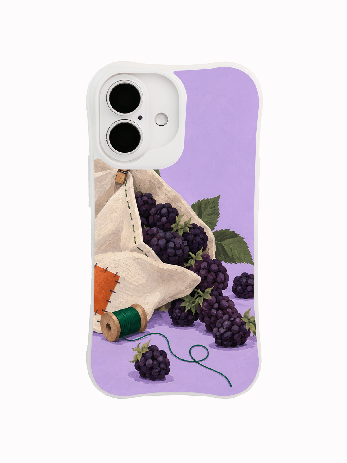 Front view of The Blackberry Pocket artwork on a white iPhone 16 case